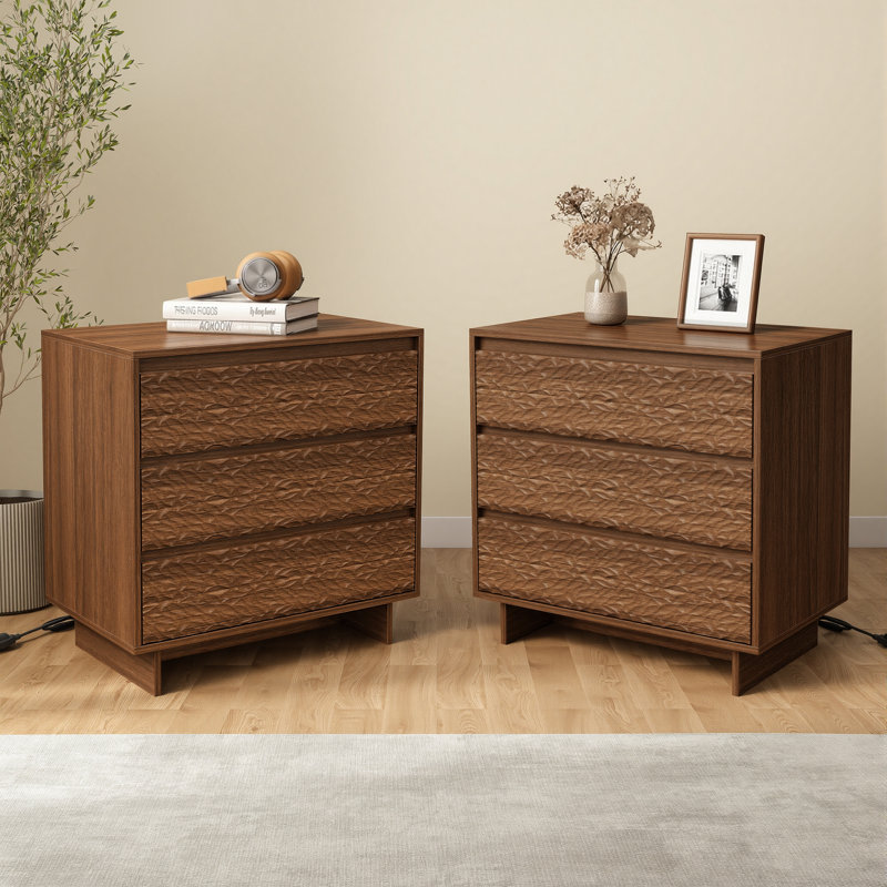 Night Stand With 3 Drawers, Modern Nightstand With Large Storage, Silent Slides Charging Station Bedside Table, Walnut Oak