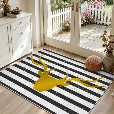 Tapis d'intérieur vintage à rayures, motif tête de cerf, lavable à la machine, couleur or