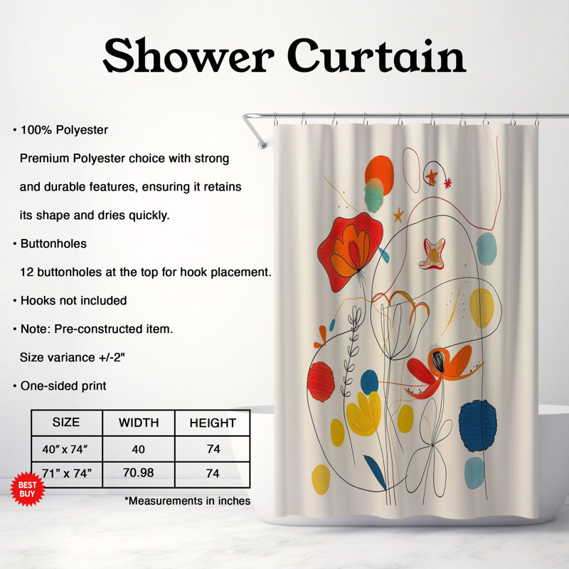 Linear Blossom - Rideau de douche standard 1 pièce, H 74 po x l 71 po