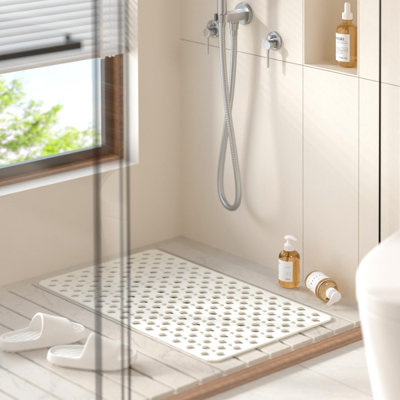 Tapis de bain antidérapant, tapis de bain TPE 30 x 17 po pour baignoire, tapis de douche pour salle de bain à drainage efficace avec ventouses, tapis de baignoire doux pour les pieds et facile à nettoyer, blanc