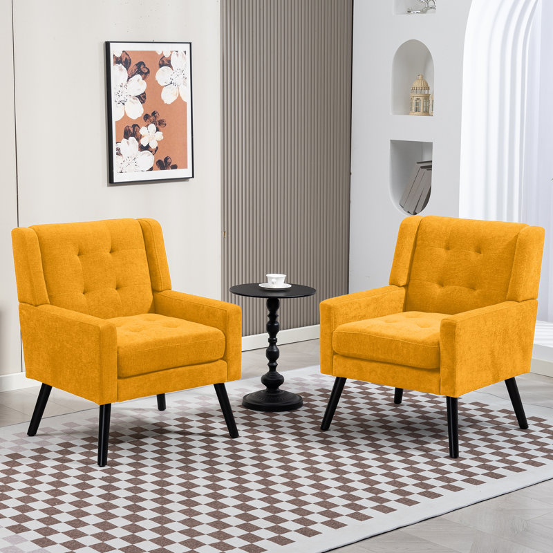26.77" Mid-Century Modern Accent Chair With Linen Upholstery, Tufted Back And Black Solid Wood Legs(Set Of 2), Yellow