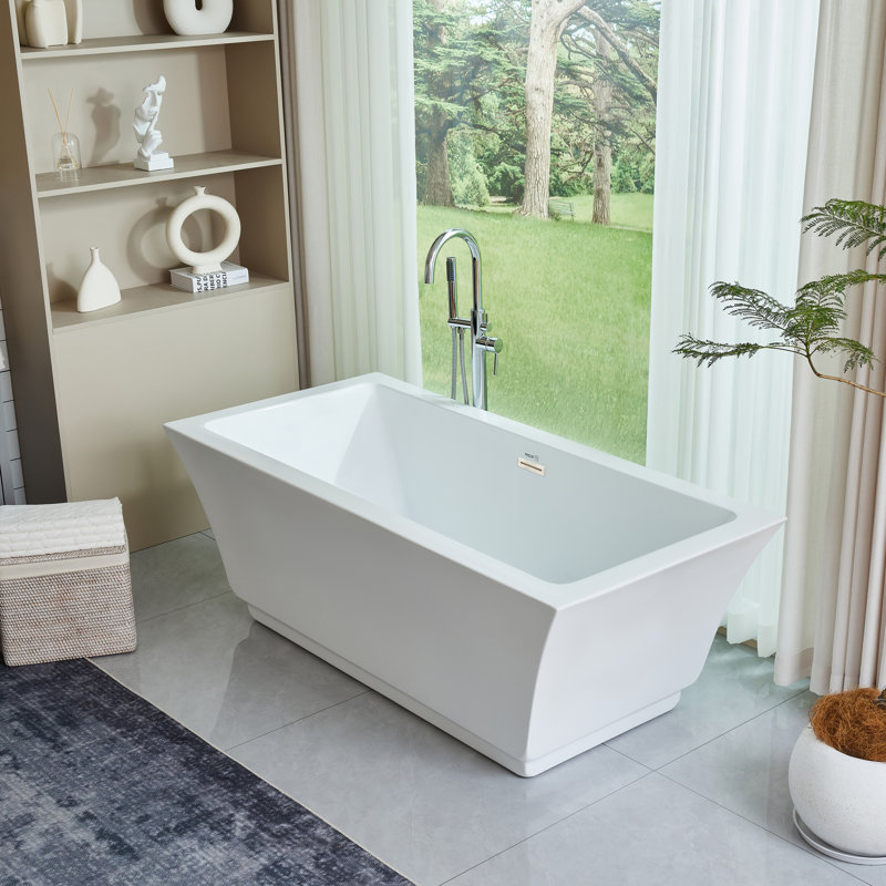 67'' x 31'' Freestanding Soaking Acrylic Bathtub, White/Brushed Nickel