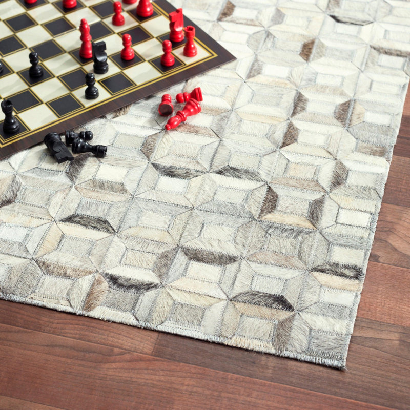 Cowhide Geometric Area Rug in Silver