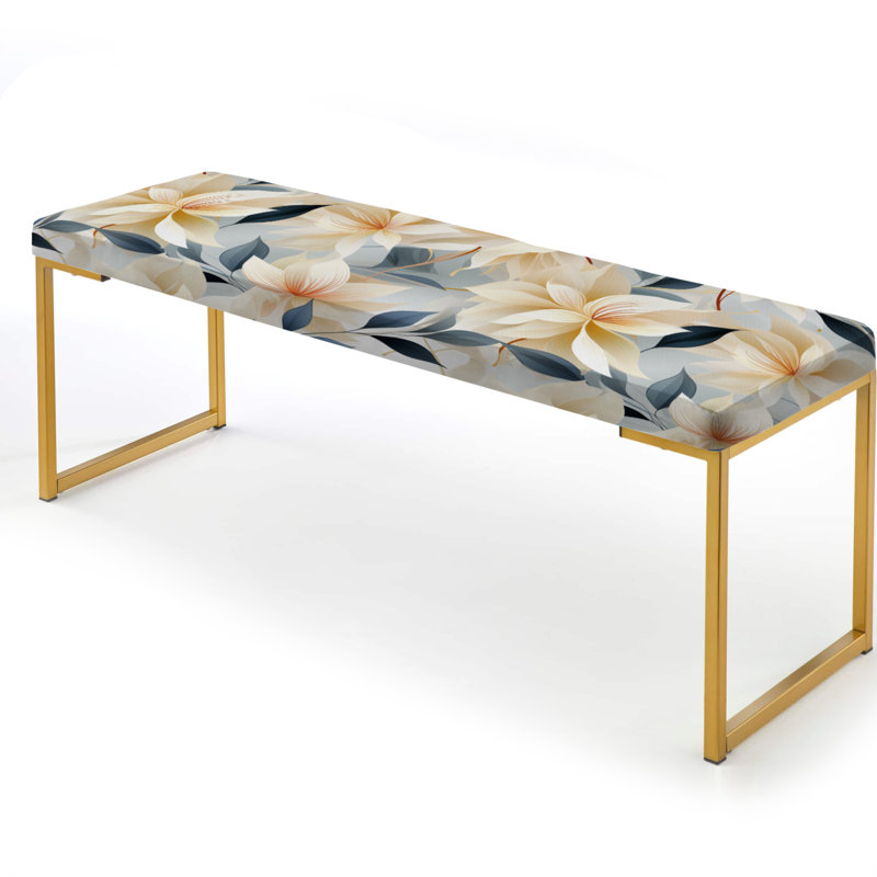 Elegant Ivory Floral Pattern I - Floral Upholstered Gold Bench