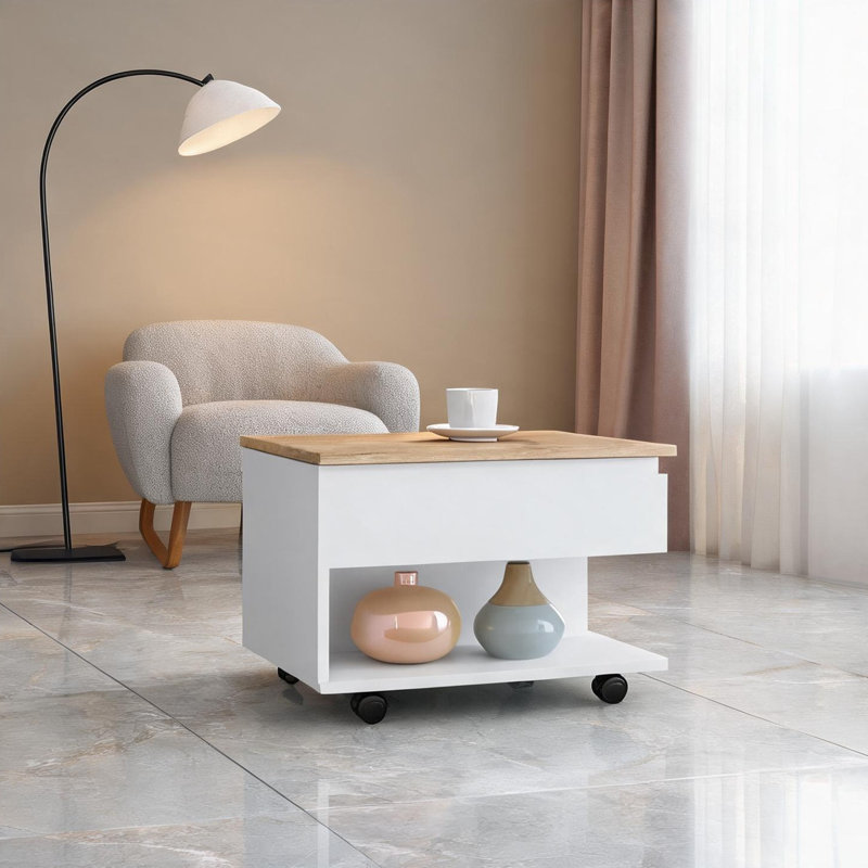 Table basse rectangulaire à plateau relevable avec rangement dissimulé et tablette ouverte sur roulettes verrouillables en bois d'ingénierie brun
