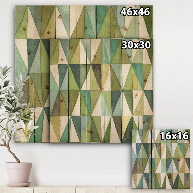 Triangle géométrique vert III - reproduction de style Mid-Century moderne sur bois de pin naturel, H 16 po x l 16 po x P 1 po