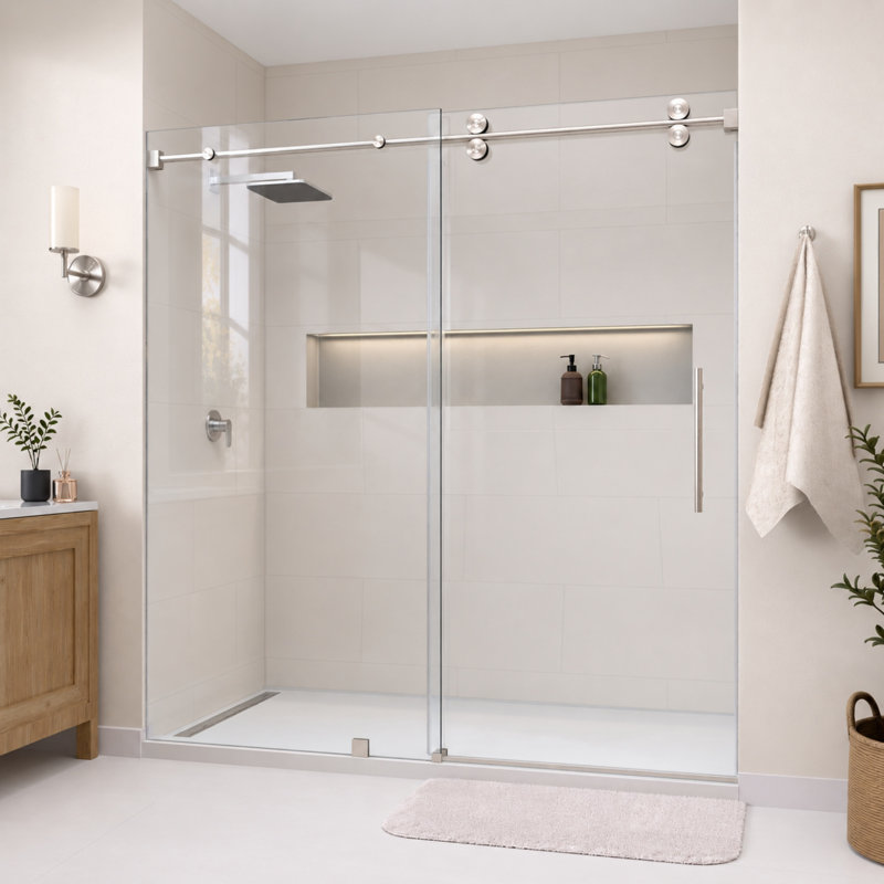 Porte de douche coulissante simple sans cadre avec verre transparent de 3/8 po de l 56 à 60 po x H 79 po Radiance