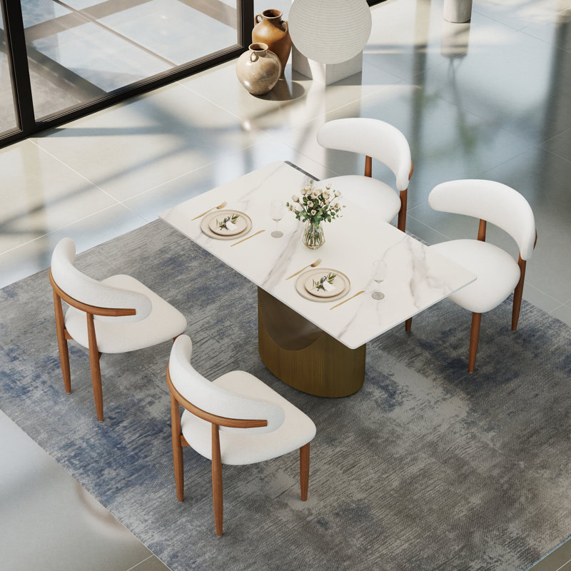 Fairy 5-Piece Modern Rectangular Sintered Stone Dining Table Set With 4 Solid Wood Chairs, Brown, Snow White