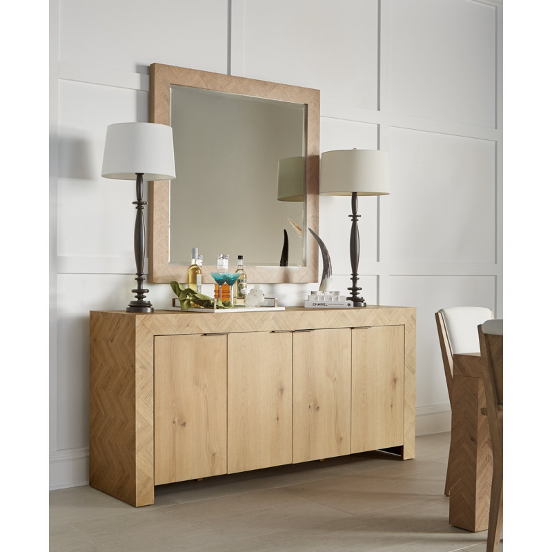 Washed Oak Square Mirror with Herringbone Pattern Frame