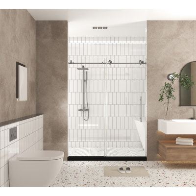 Porte de douche en verre trempé transparent 1/4 "de 6 mm de largeur 56 à 60 po x H 76 po avec poignée en acier inoxydable et finition en nickel brossé avec de grandes roues de transmission pour un mouvement facile et stable