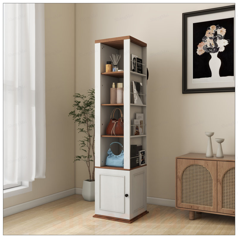 Armoire de rangement rotative à 360 degrés avec miroir pleine longueur, 8 tablettes ouvertes, crochets et 1 porte pour un usage domestique polyvalent