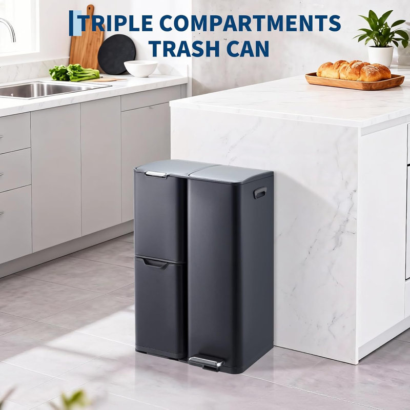 Poubelle de cuisine 16 gallons à trois compartiments en acier inoxydable avec couvercle, pédale et seaux intérieurs amovibles pour la cuisine, la salle de bain et le bureau personnel