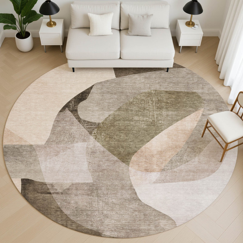 Tapis abstrait lavable à la machine de qualité supérieure Mayfield, Taupe, Rond 8 pi