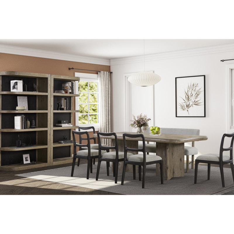 Table à double piédestal en placage de chêne noueux anglais, procurant un équilibre structurel et des courbes douces organiques, chêne de 42 po de largeur