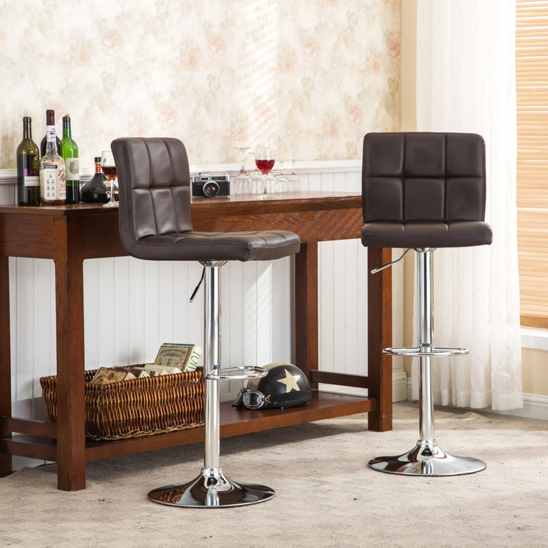 Swivel Faux Leather Adjustable Hydraulic Bar Stool, Set Of 2, With 360-Degree Swivel And Comfortable Foam Cushioning, Brown