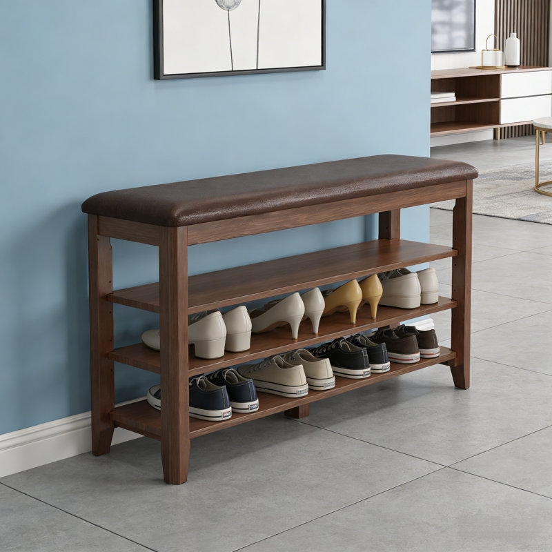 3-Tier Adjustable Shoe Bench With Leather Cushion — Walnut-Finish Entryway Storage Stool For Hallways & Mudrooms