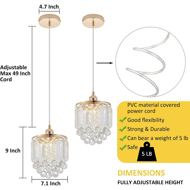 Luminaire suspendu moderne en cristal avec finition or rose, lustre suspendu réglable pour îlot de cuisine, salle à manger, salon et éclairage de bar