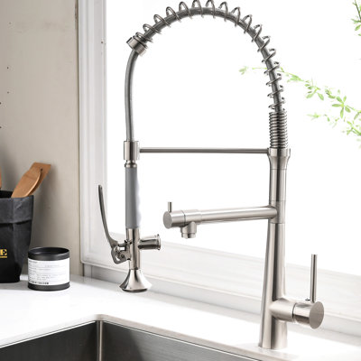 Robinet d'évier de cuisine moderne en nickel brossé avec bec verseur rétractable et remplisseur de pot avec pré-rinçage commercial