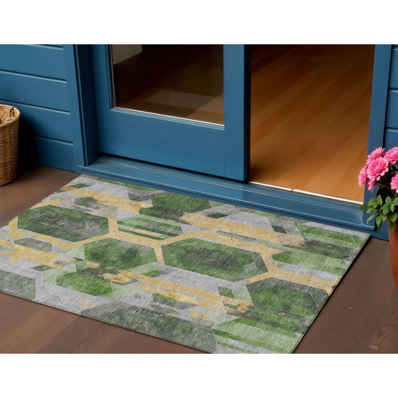 Tapis intérieur lavable à motif géométrique or vert 3 pi x 5 pi