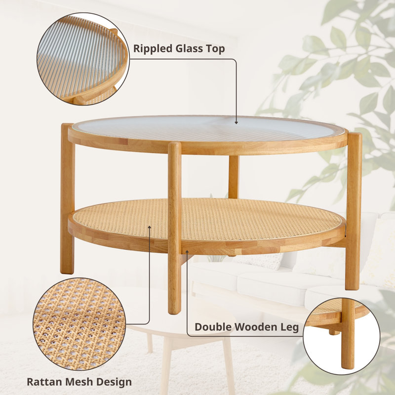 Modern Circular Solid Wood Tea Table With Rattan, Double-layer Round Side Table.