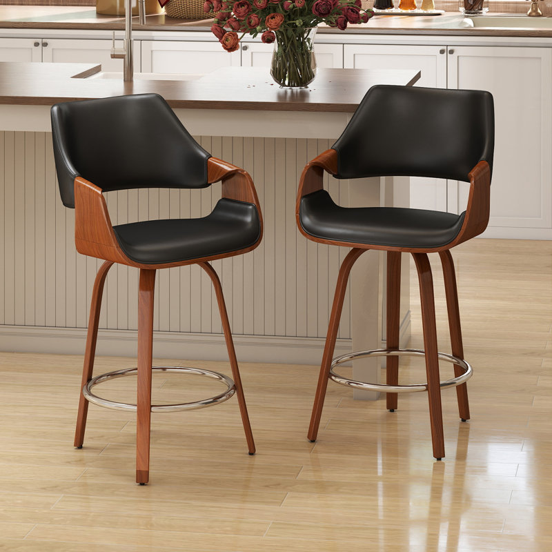 Modern Upholstered Counter Stools, 26 Inch Swivel Bar Stools With Hollow Back And Wooden Legs For Kitchen Island,Kitchen Bar Height Stools