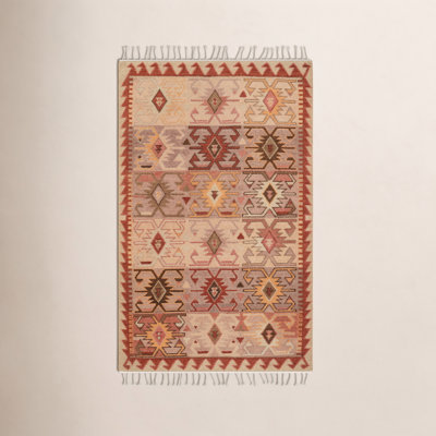 Beige Red Yellow Hand-Knotted Wool Rug