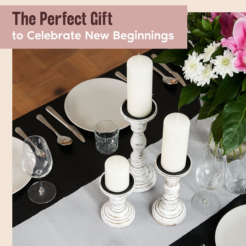 Handmade White Distressed Wood Pillar Candle Holders Set