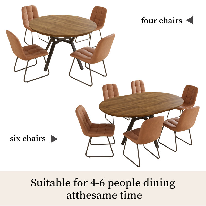 Clanton 43.2"-59.1" Extendable Round Dining Table Set, Mid Century Wooden Round Kitchen Table, Walnut Coffee Table For 4-6 Person,Pu Leather Chair