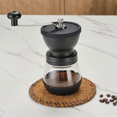 Moulin à café manuel avec meules en céramique, moulin à café à main petit avec 2 bocaux en verre (11 oz par pot) Poignée en acier inoxydable pour café filtre, espresso, presse française, brassage turc