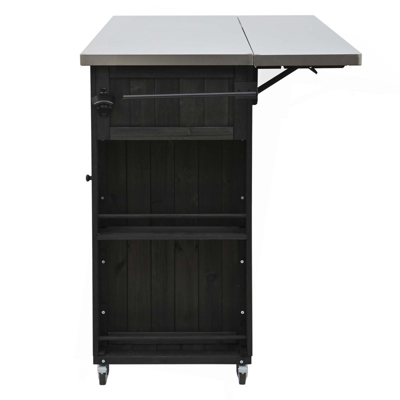 Outdoor Kitchen Island with Fir Wood & Stainless Steel Top, Ample Storage Space, Towel/Spice Racks, and Bottle Opener for Patio, Garden, or Backyard Use