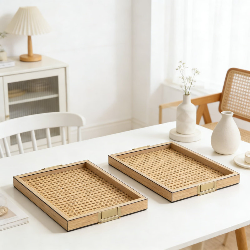 Rattan And Wood Serving Tray Set With Metal Handles, Decorative Food And Beverage Tray For Coffee Table, Breakfast, Kitchen, And Party Serving