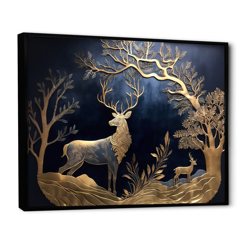 Cerf doré dans la forêt II - art mural forêt, H 34 po x l 44 po x P 1,5 po, Cadre flottant noir