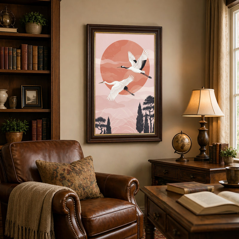 Art mural antique sur toile encadré doré pour le salon, la chambre à coucher, le bureau ou le vestibule - Décoration murale décorative avec coucher de soleil grue