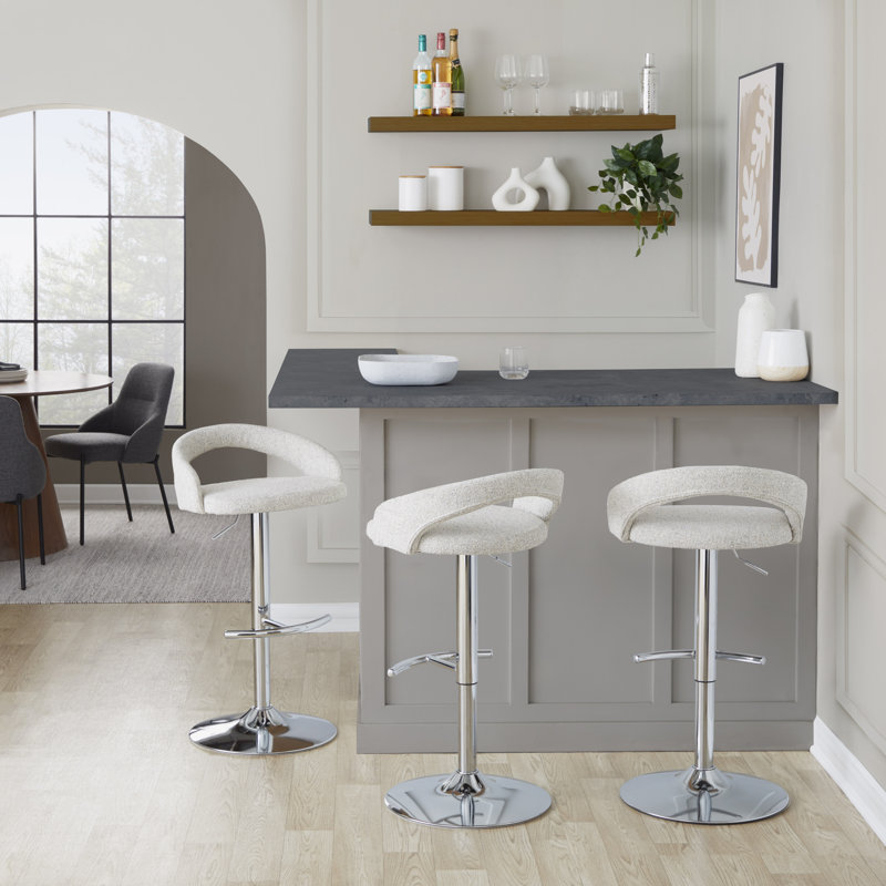 Tabouret de bar Laurenzio, Chrome chrome, Tissu avoine, Ensemble de 3