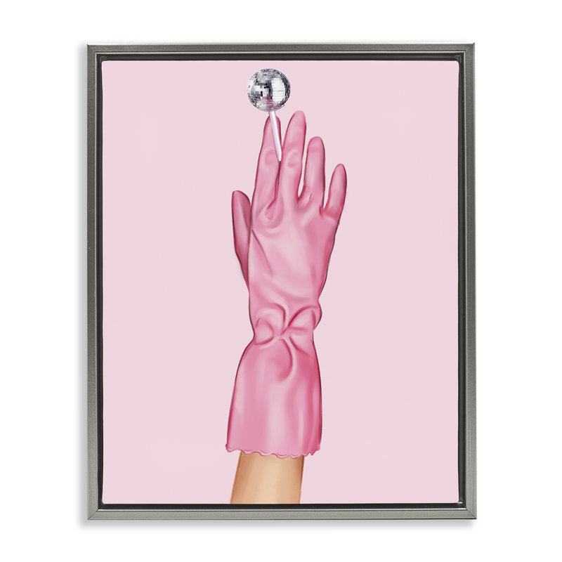 Cadre flottant rose avec gant et boule disco, design par Ziwei Li, Cadre flottant gris lustré, H 21 po x l 17 po