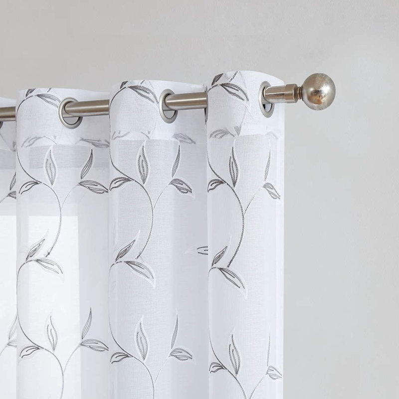Floral Sheer Grommet Curtain Panels with Stitched Leaf Embroidery, Charcoal, 	54" W x 96" L