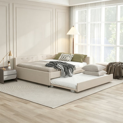 Grand lit plateforme tapissier avec port USB et lit gigogne simple, beige