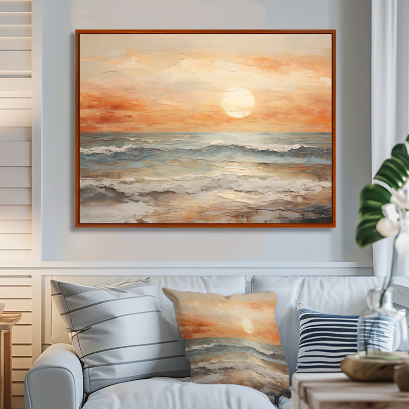 Art sur toile, coucher de soleil sur la plage, H 24 po x l 32 po x P 1 po, Brown Floater Framed