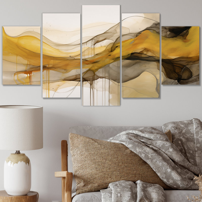 Undefined Continuation liquide vagues jaune IV - formes murales formes abstraites - 5 panneaux