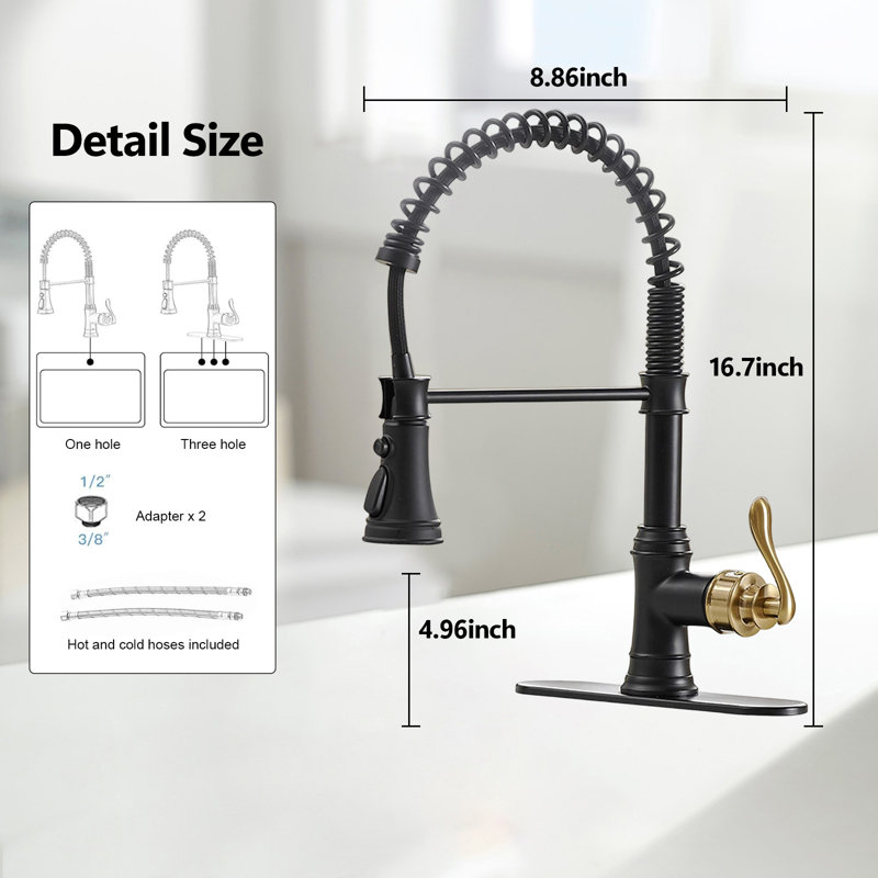 Kitchen Sink Faucet With Deck, High Arc Single Handle Pull-Down Sprayer, Three Spray Modes Kitchen Faucet, Black/Brushed Gold