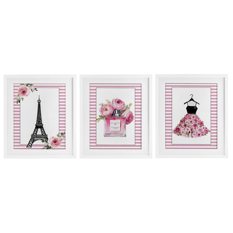 «Parisian Glam with Stripes», ensemble de 3 impressions encadrées sous verre, design par Christine Simpson Art