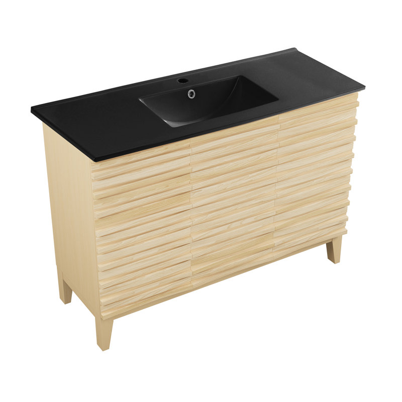 Meuble-lavabo en chêne naturel 48 po avec plateau en céramique noire Cascade, Chêne naturel, Noir, Trou unique