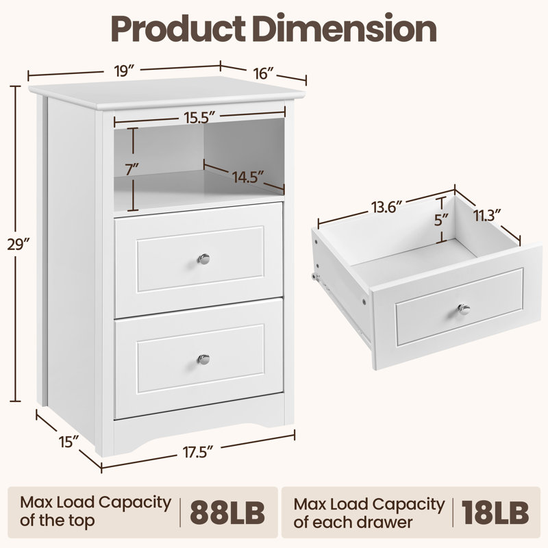 Anitrea 2-Drawer Wooden Nightstand with Open Shelf, White