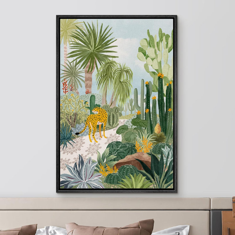 Animaux de style BCBG lumineux, île tropicale, paysage désertique, guépards, style boho moderne, style BCBG, Noir