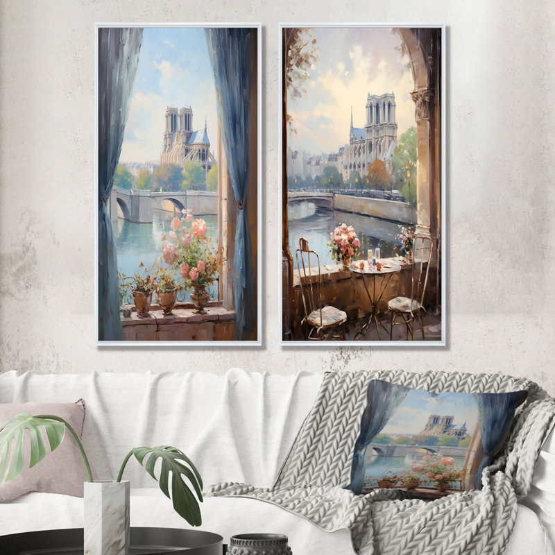 Notre Dame de Paris Floral View I - Paris, ensemble de 2 impressions sur toile, Cadre flottant blanc, H 32 po x l 33 po
