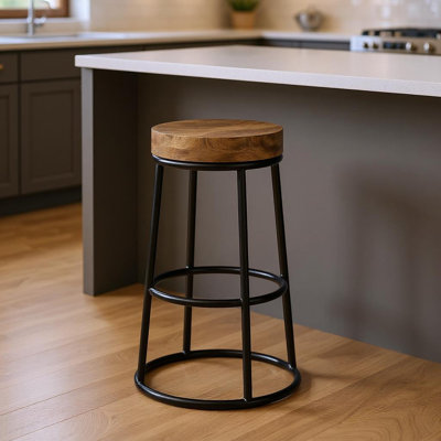 26" Natural and Black Solid Wood and Iron Backless Counter Height Bar Chair