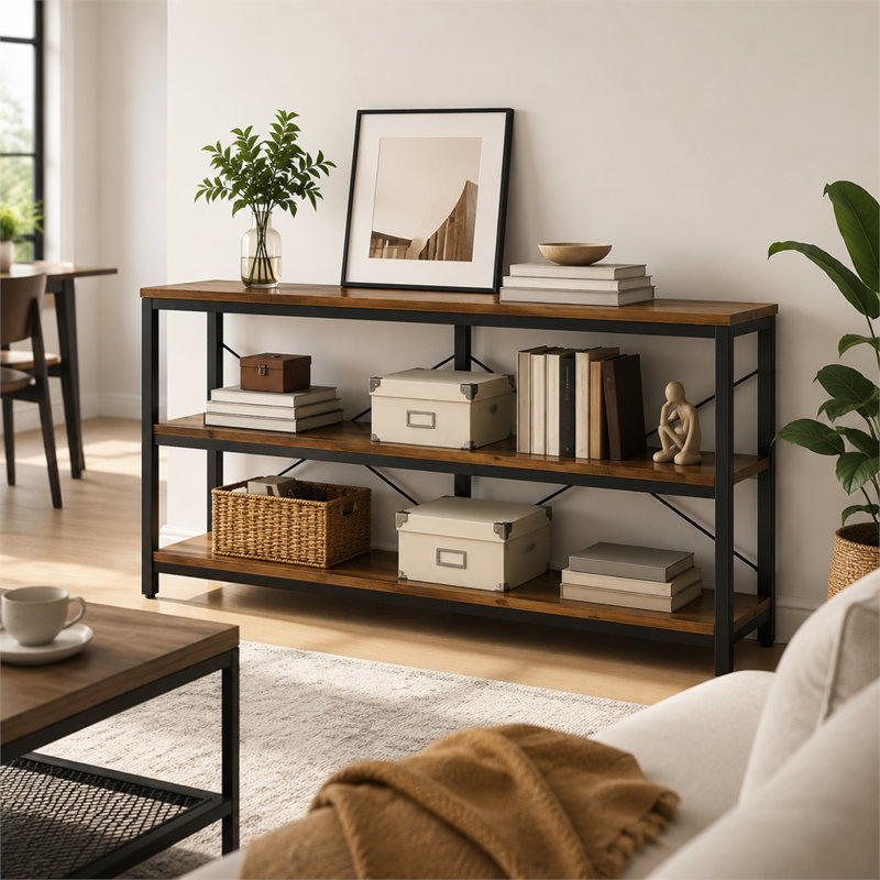 Console très longue à 3 niveaux avec tablettes de rangement ouvertes et structure en métal facile à assembler pour le vestibule du salon et derrière le canapé