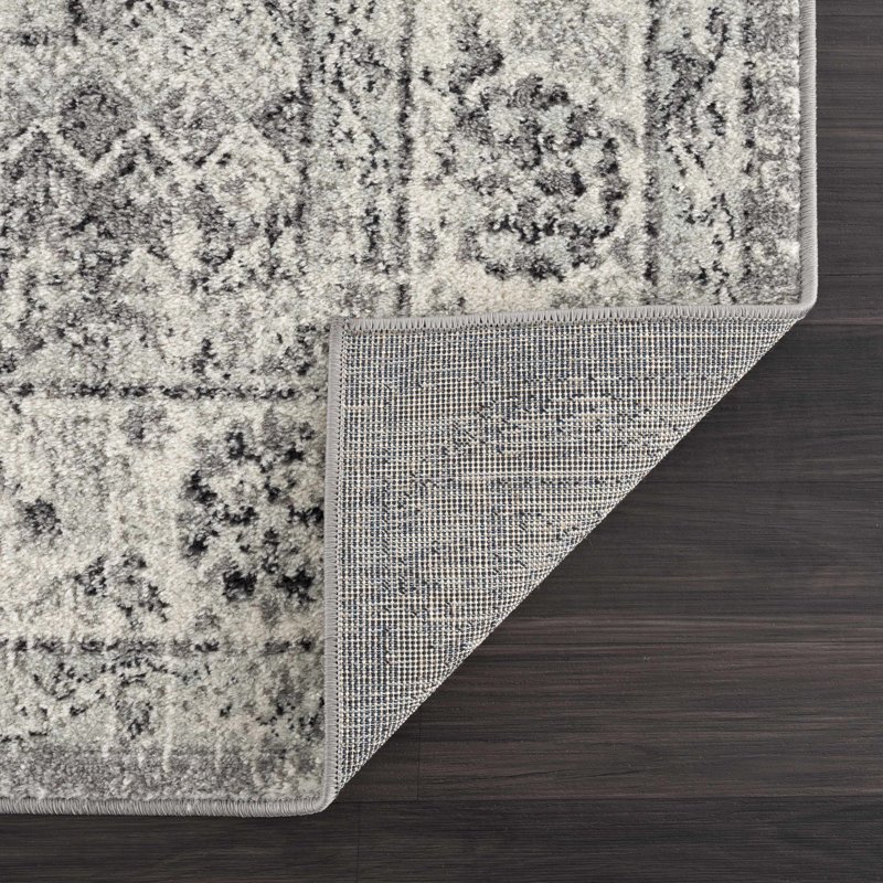 Tapis de couloir oriental bleu, gris, beige et noir clair gerNurhak, Rectangle 7 pi 10 po x 10 pi