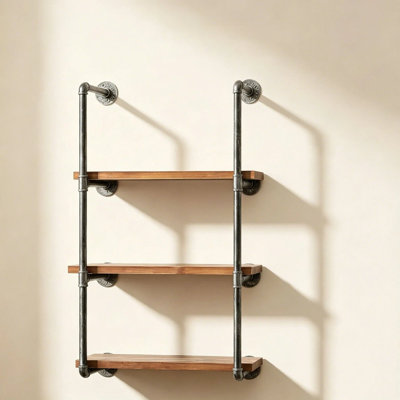 Industrial Pipe Wall Shelf 3 Tier Rustic Solid Wood Floating Shelves, Farmhouse Vintage Iron Pipe Wall Mount Bookshelf Storage Rack for Kitchen Coffee Bar Bathroom Bedroom Office Decor