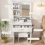 Table de coiffeuse avec miroir et lumières DEL réglables, prise de courant, support pour séchoir à cheveux et tabouret - coiffeuse compacte pour petites chambres-93698869